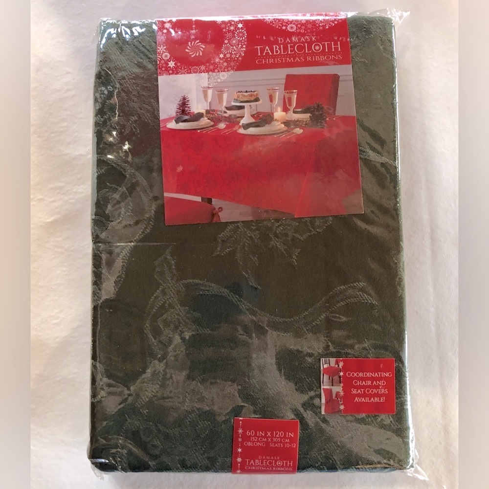 NWT Damask Tablecloth “Christmas Ribbons” Deep Olive Green 60”x120” Oblong New